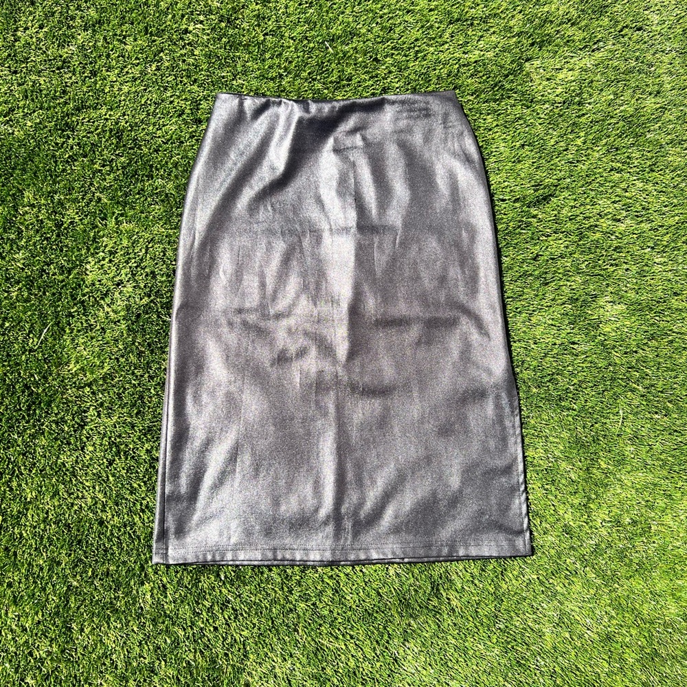 Vintage 90’s Shiny Black pencil skirt style like faux leather with side slit